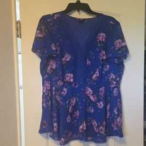 Torrid Vibrant Blue Blouse with Pink Floral Design